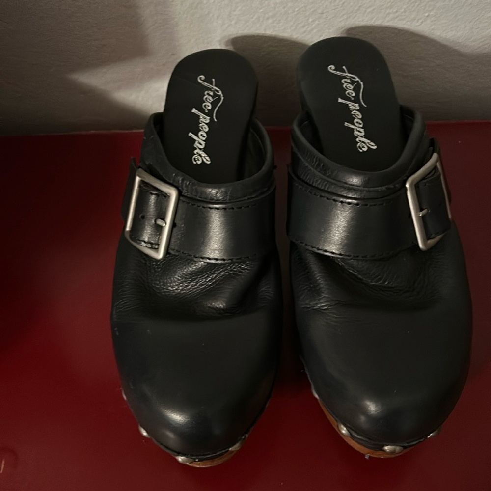 Free People would clogs, black, silver buckle, size 37. Made in Spain Worn once